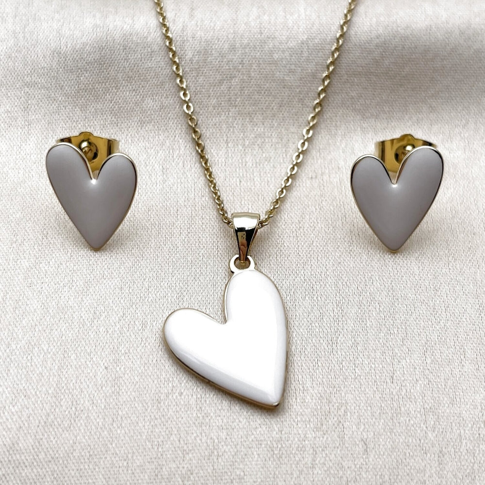 Oro Laminado Earring and Pendant Adult Set, Gold Filled Style Heart Design, White Enamel Finish, Golden Finish