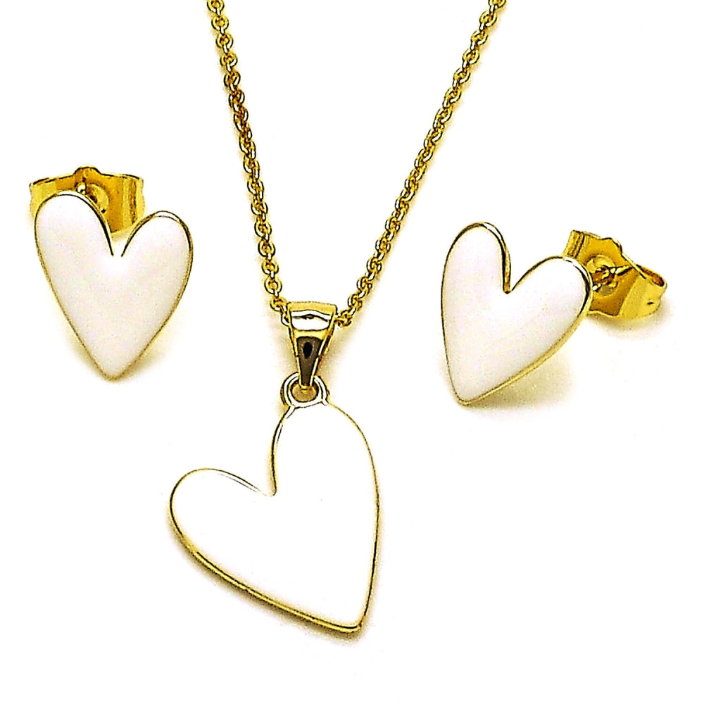 Oro Laminado Earring and Pendant Adult Set, Gold Filled Style Heart Design, White Enamel Finish, Golden Finish