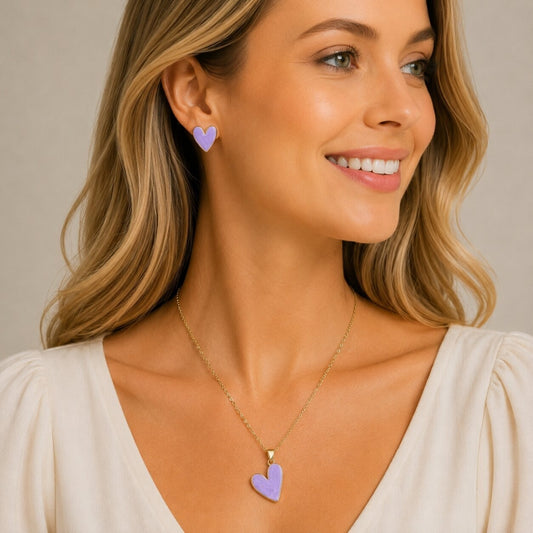 Oro Laminado Earring and Pendant Adult Set, Gold Filled Style Heart Design, Purple Enamel Finish, Golden Finish