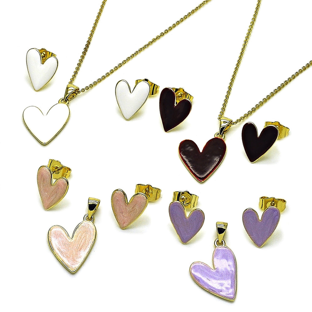 Oro Laminado Earring and Pendant Adult Set, Gold Filled Style Heart Design, Purple Enamel Finish, Golden Finish