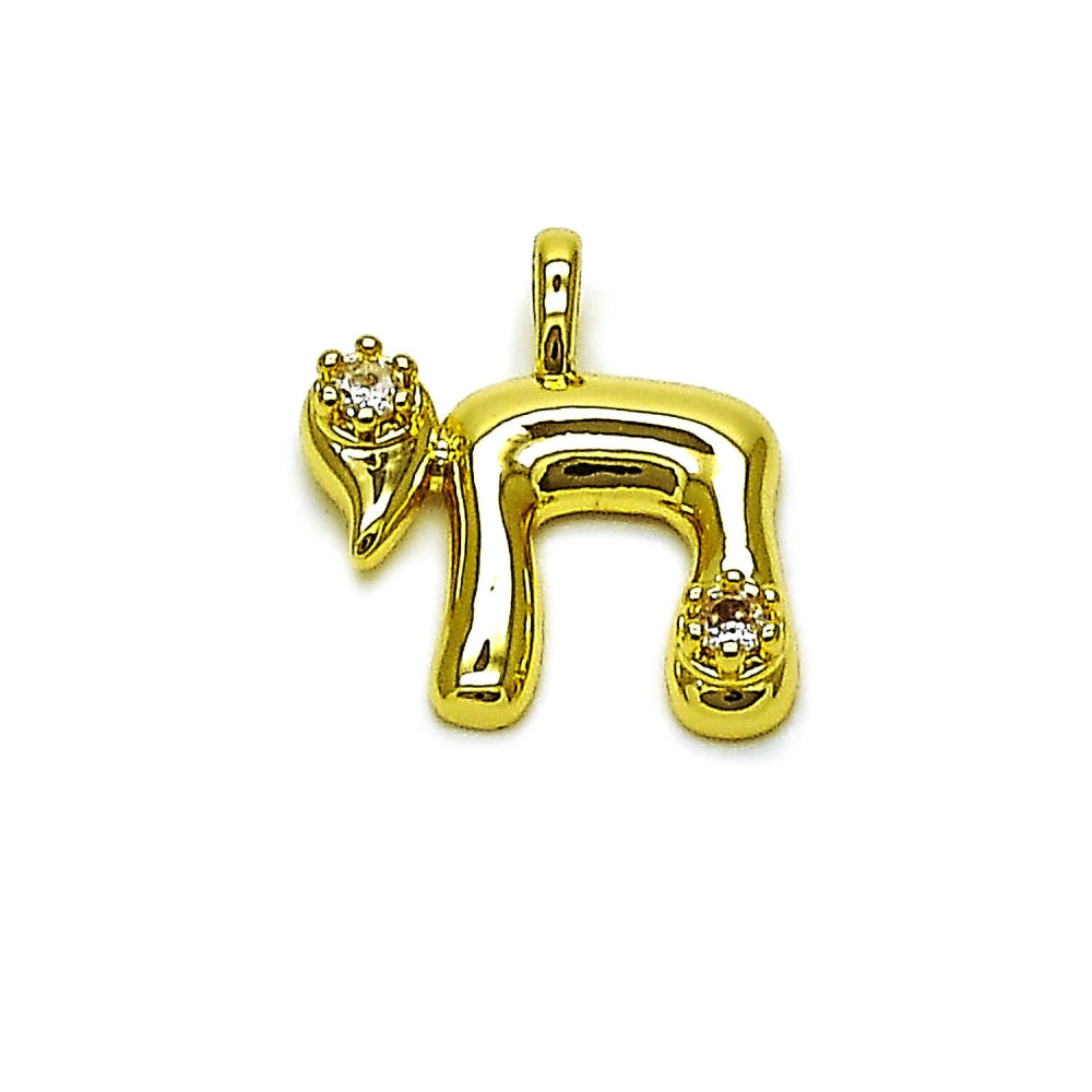 Oro Laminado Religious Pendant, Gold Filled Style Judaica Design, with White Cubic Zirconia, Polished, Golden Finish