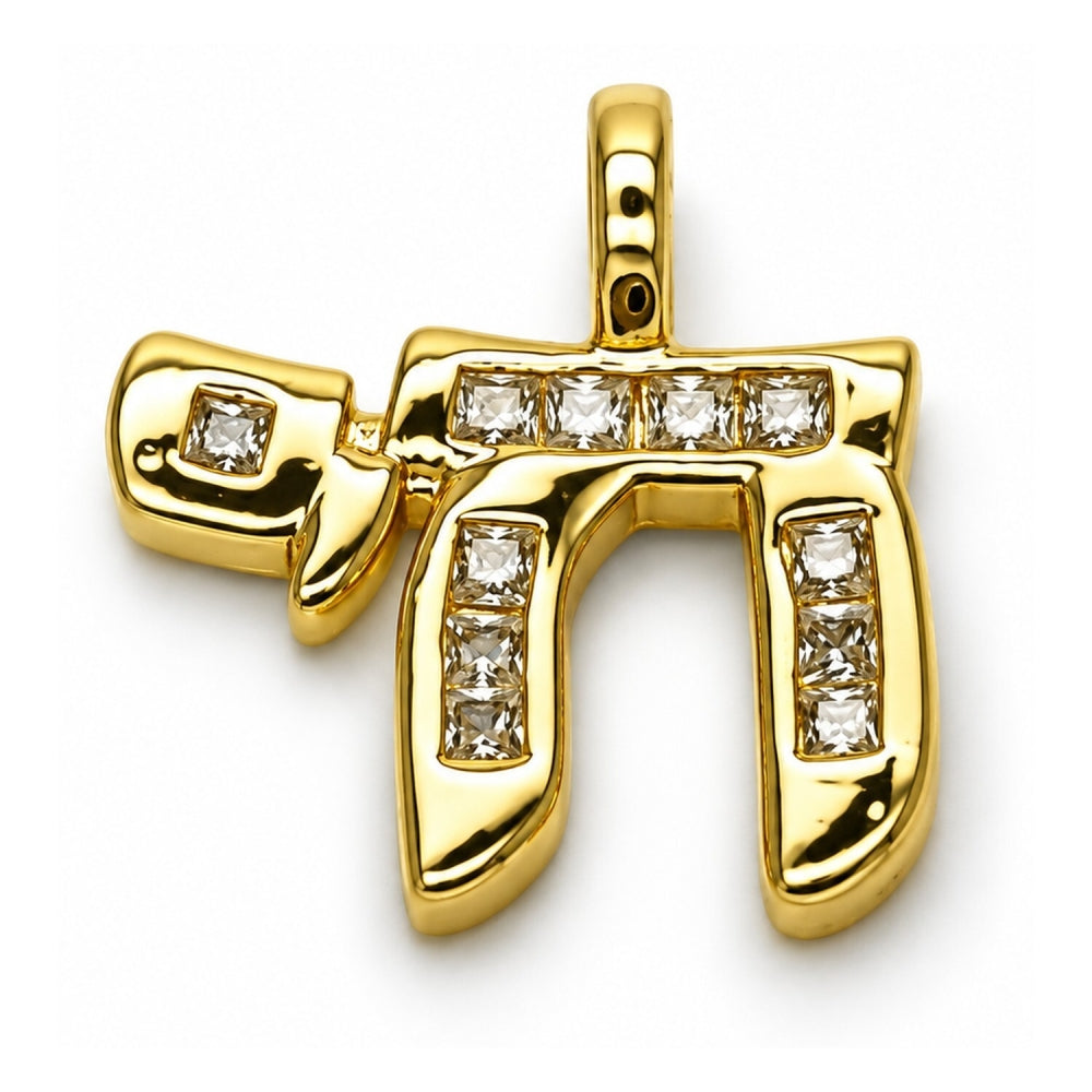 Oro Laminado Religious Pendant, Gold Filled Style Judaica Design, with White Cubic Zirconia, Polished, Golden Finish