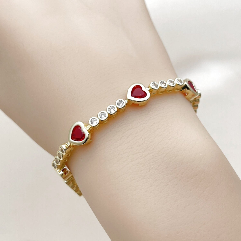 Oro Laminado Tennis Bracelet, Gold Filled Style Heart Design, with Garnet and White Cubic Zirconia, Polished, Golden Finish