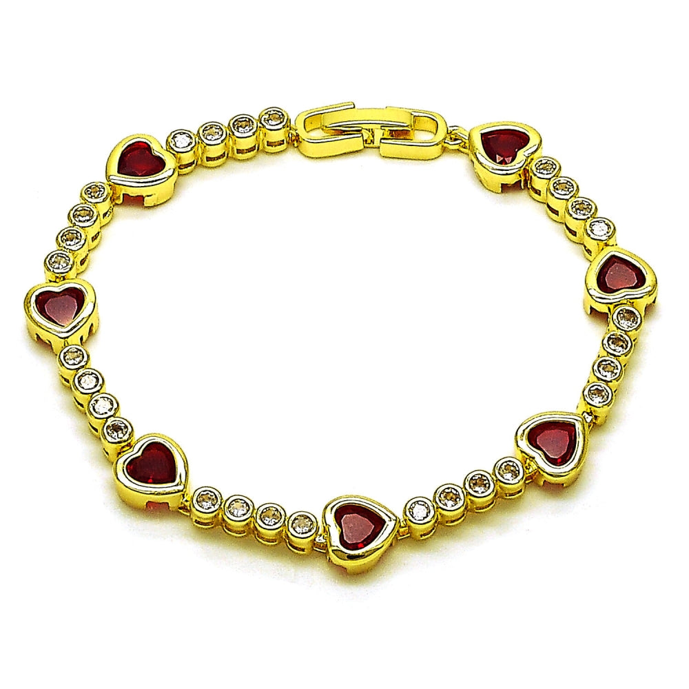 Oro Laminado Tennis Bracelet, Gold Filled Style Heart Design, with Garnet and White Cubic Zirconia, Polished, Golden Finish