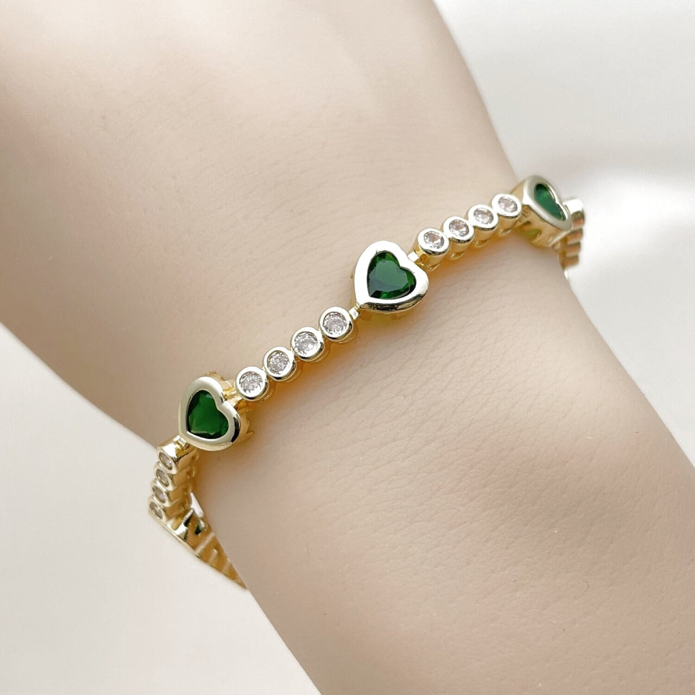 Oro Laminado Tennis Bracelet, Gold Filled Style Heart Design, with Green and White Cubic Zirconia, Polished, Golden Finish