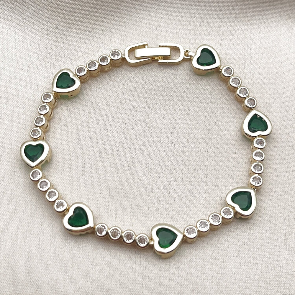 Oro Laminado Tennis Bracelet, Gold Filled Style Heart Design, with Green and White Cubic Zirconia, Polished, Golden Finish