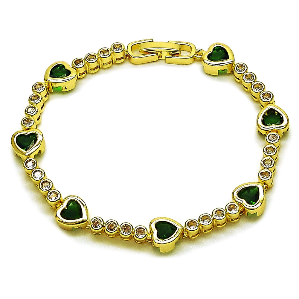 Oro Laminado Tennis Bracelet, Gold Filled Style Heart Design, with Green and White Cubic Zirconia, Polished, Golden Finish