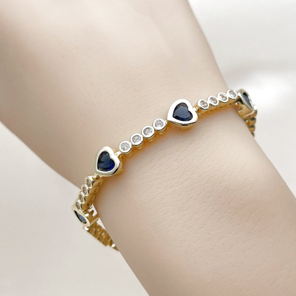 Oro Laminado Tennis Bracelet, Gold Filled Style Heart Design, with Sapphire Blue and White Cubic Zirconia, Polished, Golden Finish