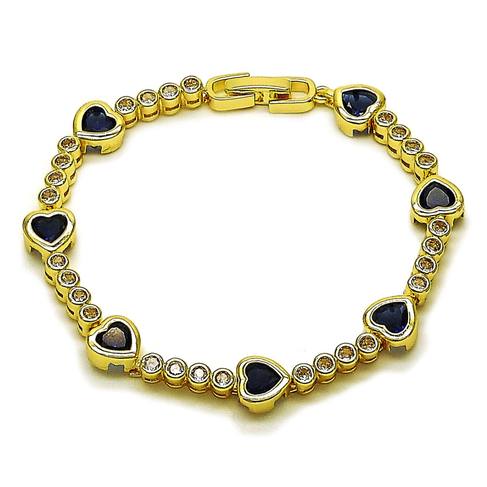 Oro Laminado Tennis Bracelet, Gold Filled Style Heart Design, with Sapphire Blue and White Cubic Zirconia, Polished, Golden Finish