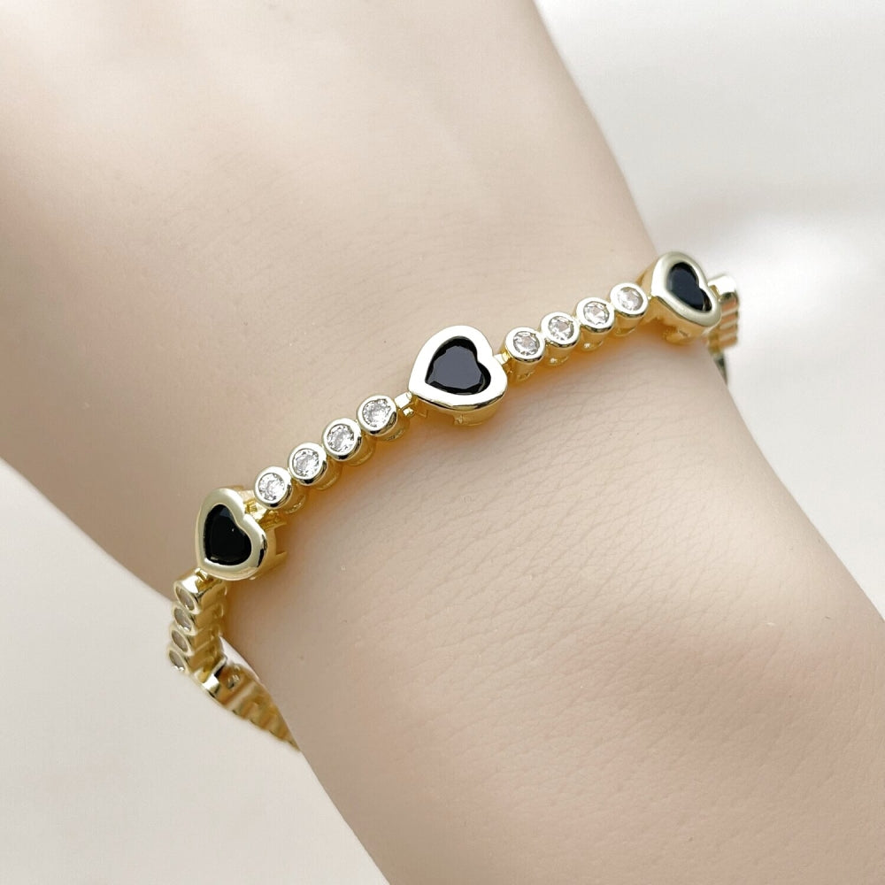 Oro Laminado Tennis Bracelet, Gold Filled Style Heart Design, with Black and White Cubic Zirconia, Polished, Golden Finish