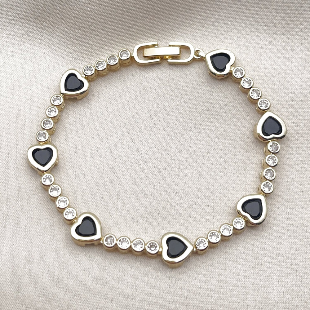 Oro Laminado Tennis Bracelet, Gold Filled Style Heart Design, with Black and White Cubic Zirconia, Polished, Golden Finish