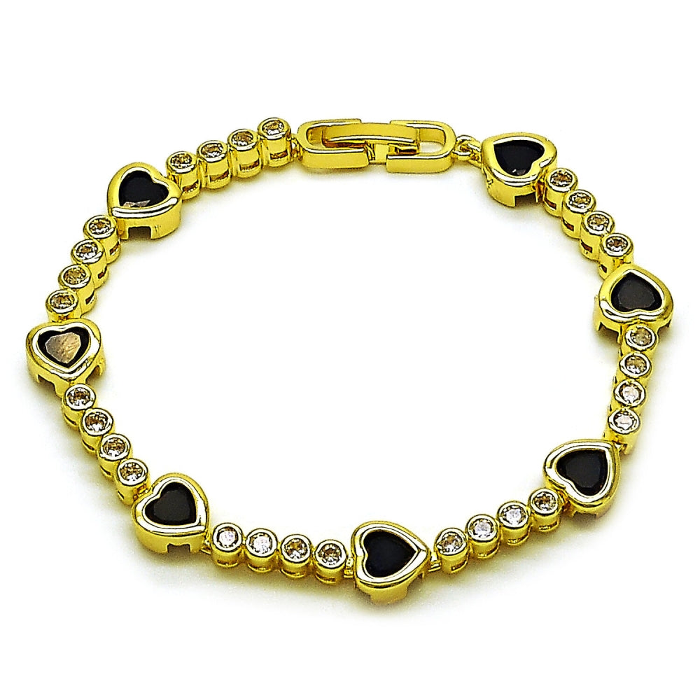 Oro Laminado Tennis Bracelet, Gold Filled Style Heart Design, with Black and White Cubic Zirconia, Polished, Golden Finish