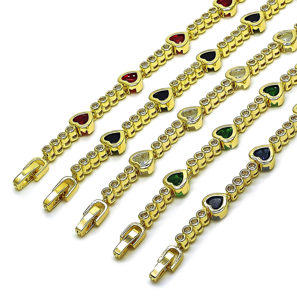 Oro Laminado Tennis Bracelet, Gold Filled Style Heart Design, with Black and White Cubic Zirconia, Polished, Golden Finish