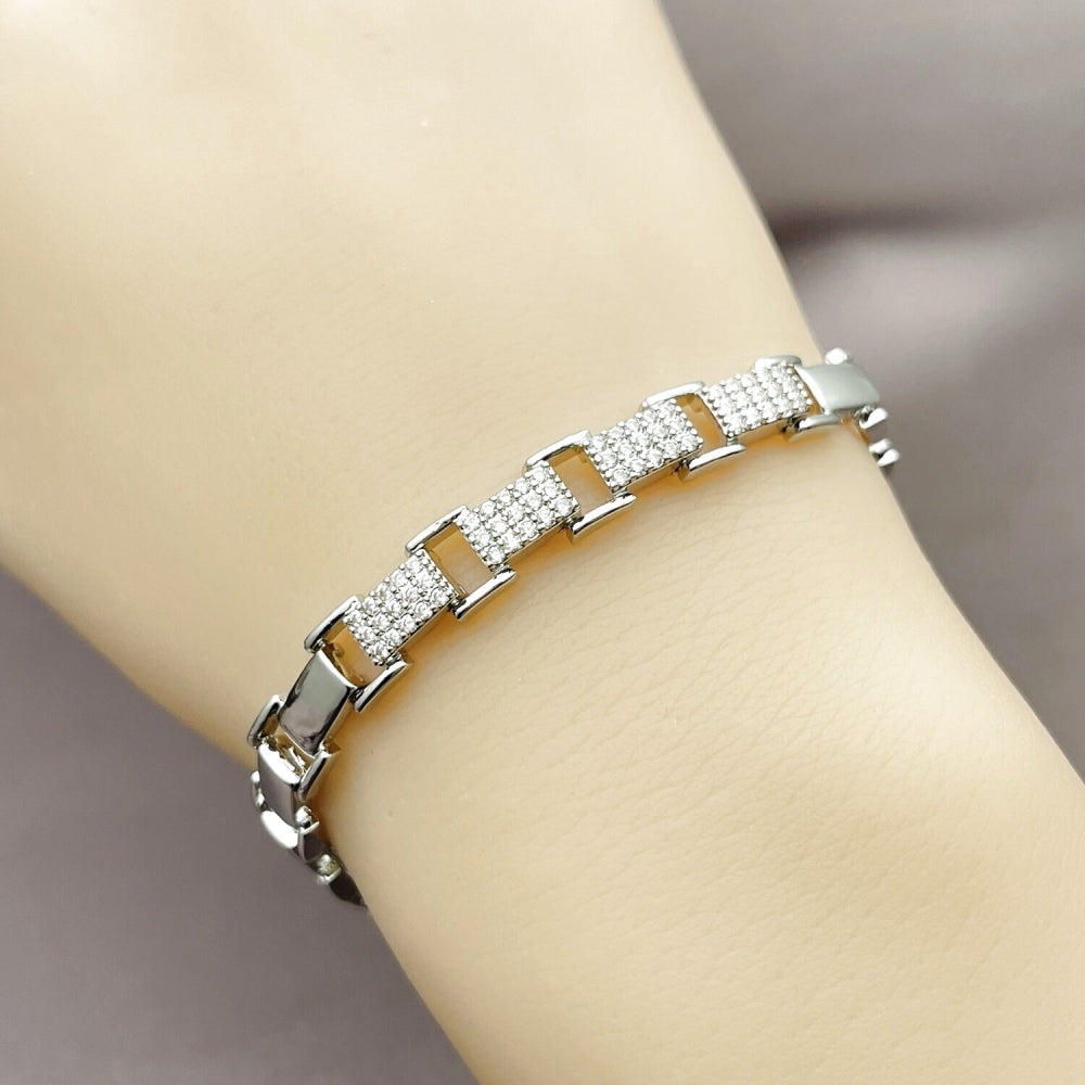 Oro Laminado Tennis Bracelet, Gold Filled Style Belt Buckle Design, with White Micro Pave, Polished, Golden Finish