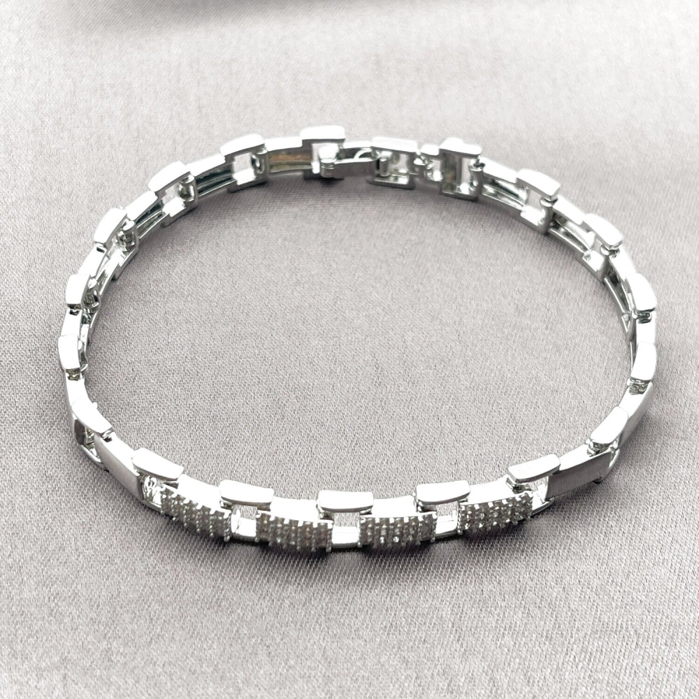 Oro Laminado Tennis Bracelet, Gold Filled Style Belt Buckle Design, with White Micro Pave, Polished, Golden Finish