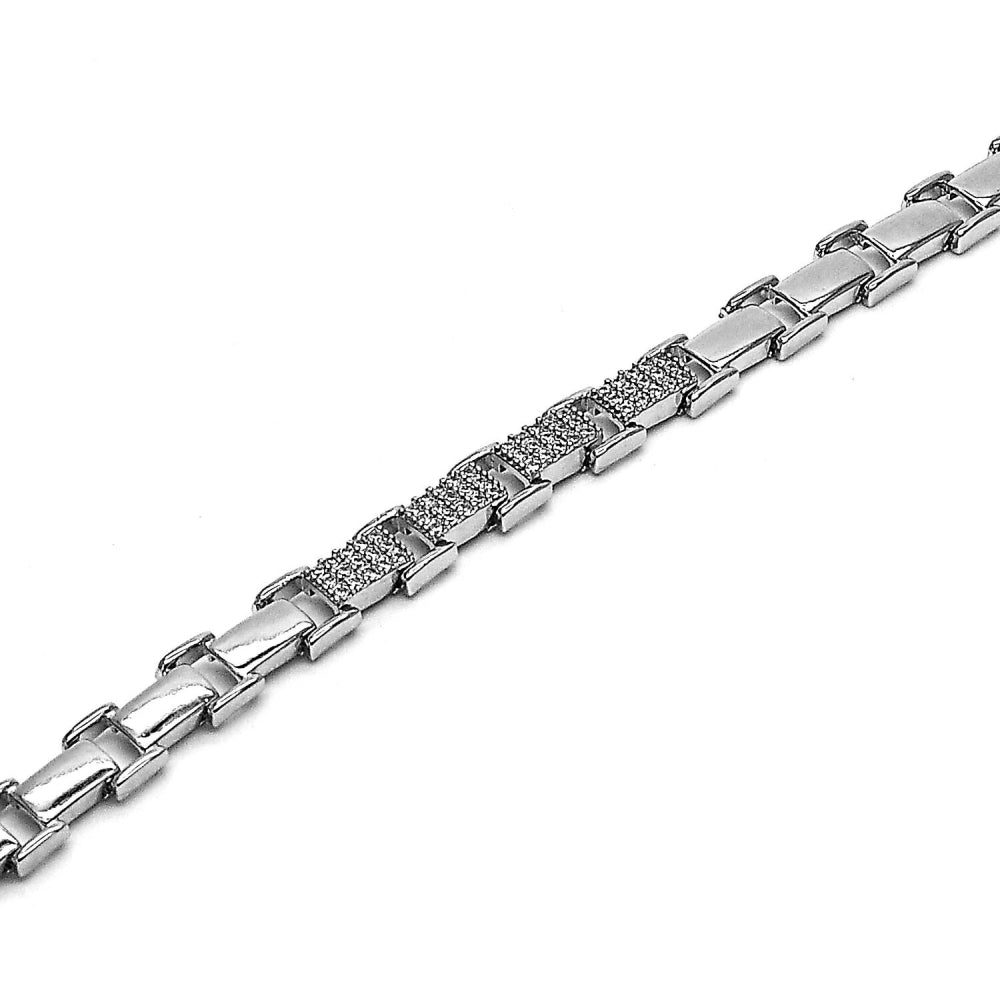 Oro Laminado Tennis Bracelet, Gold Filled Style Belt Buckle Design, with White Micro Pave, Polished, Golden Finish