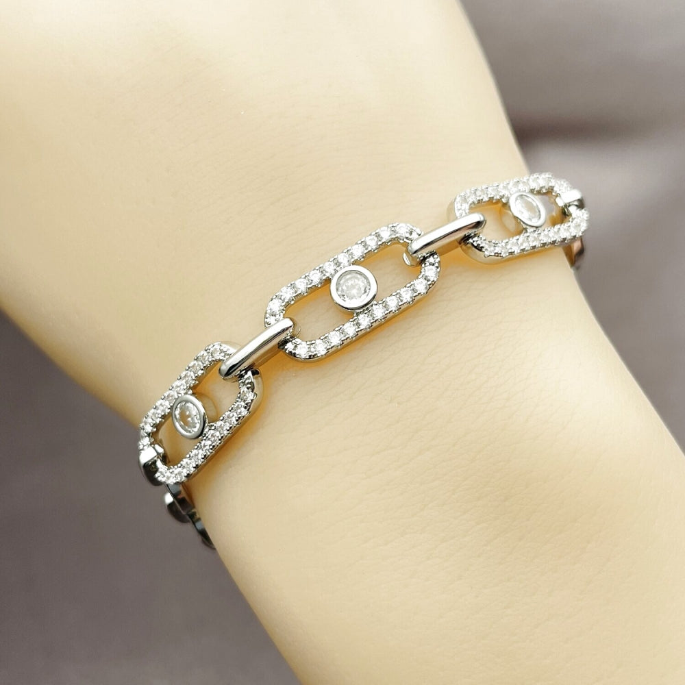 White Gold Filled Tennis Bracelet, Paperclip and Puff Mariner Design, with White Cubic Zirconia, Polished, Rhodium Finish