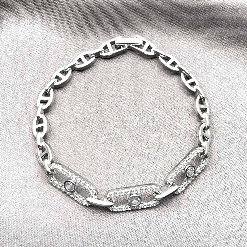 White Gold Filled Tennis Bracelet, Paperclip and Puff Mariner Design, with White Cubic Zirconia, Polished, Rhodium Finish