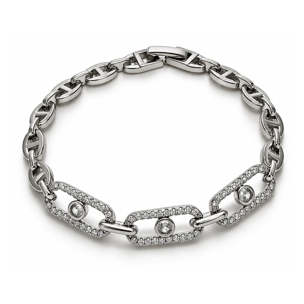 White Gold Filled Tennis Bracelet, Paperclip and Puff Mariner Design, with White Cubic Zirconia, Polished, Rhodium Finish