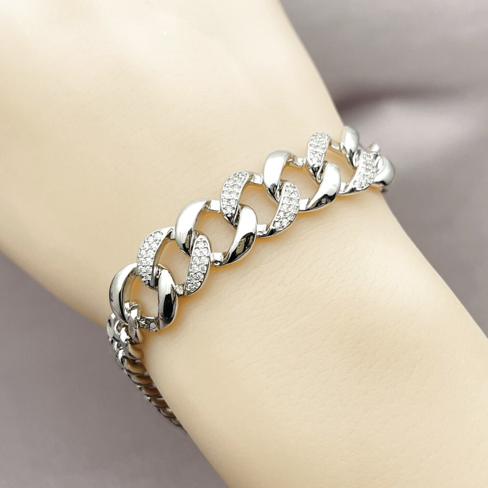 Rhodium Gold Filled Fancy Bracelet, Curb Design, with White Micro Pave, Polished, Rhodium Finish