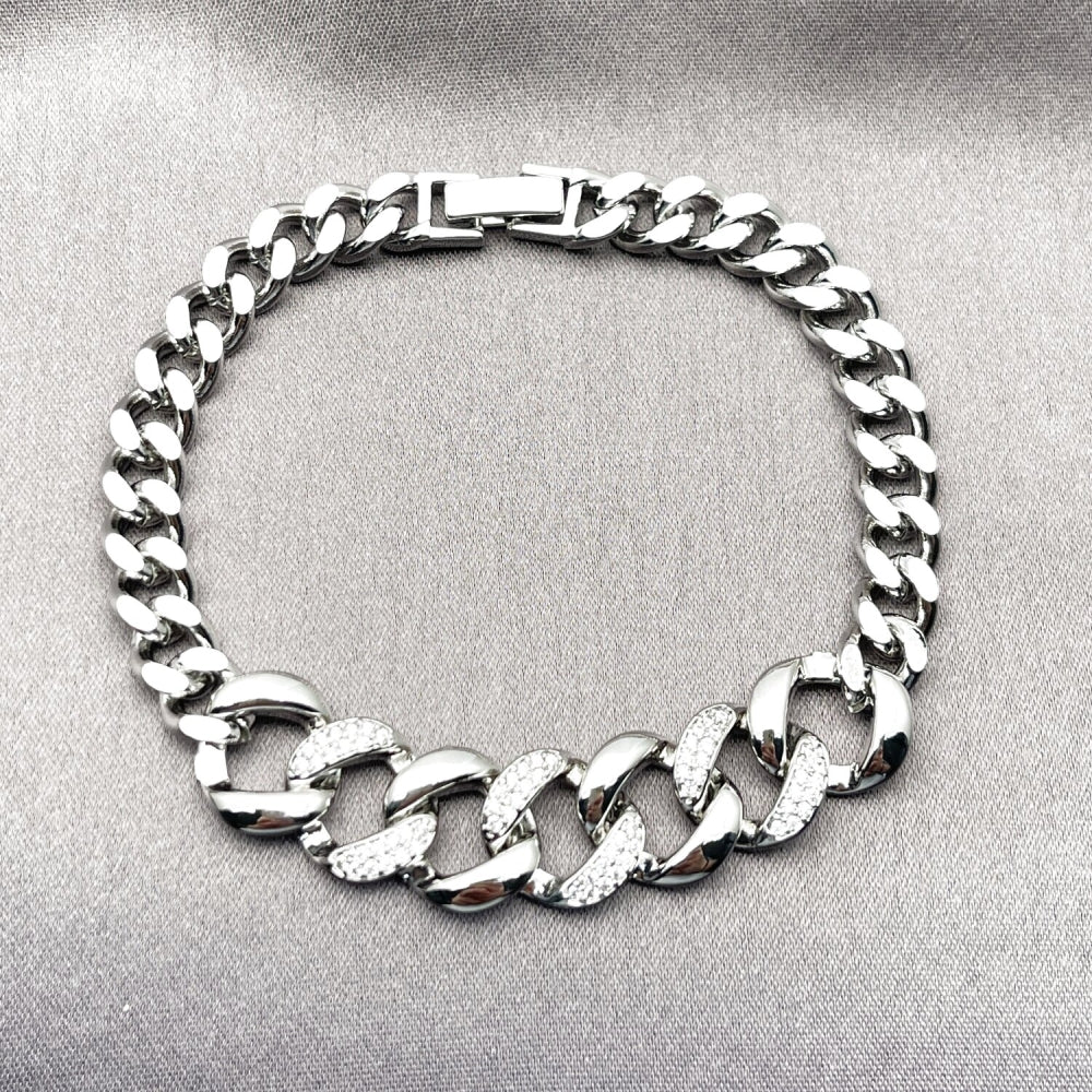 Rhodium Gold Filled Fancy Bracelet, Curb Design, with White Micro Pave, Polished, Rhodium Finish
