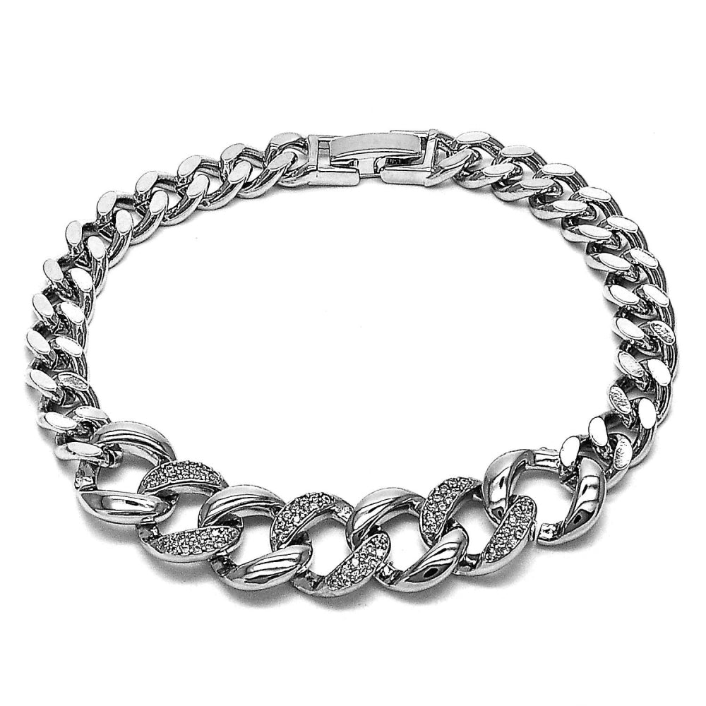 Rhodium Gold Filled Fancy Bracelet, Curb Design, with White Micro Pave, Polished, Rhodium Finish