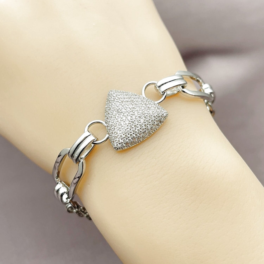 Rhodium Gold Filled Fancy Bracelet, Paperclip Design, with White Micro Pave, Polished, Rhodium Finish