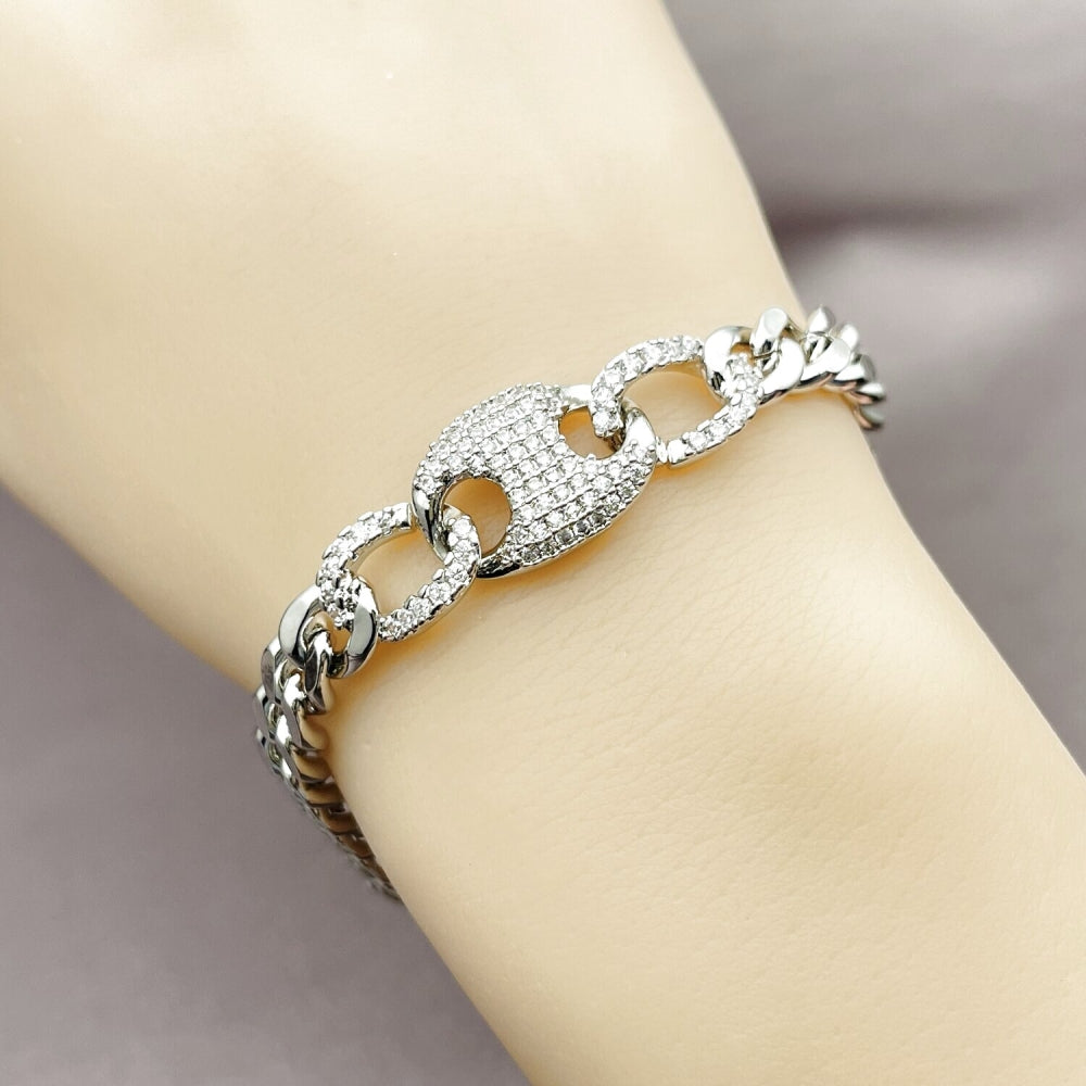 Rhodium Gold Filled Fancy Bracelet, Puff Mariner and Miami Cuban Design, with White Cubic Zirconia, Polished, Rhodium Finish