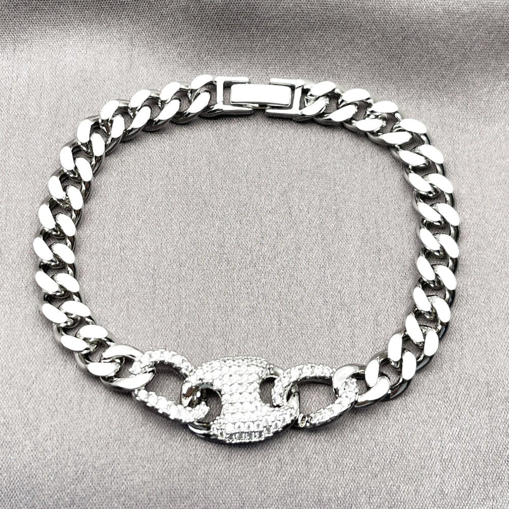 Rhodium Gold Filled Fancy Bracelet, Puff Mariner and Miami Cuban Design, with White Cubic Zirconia, Polished, Rhodium Finish