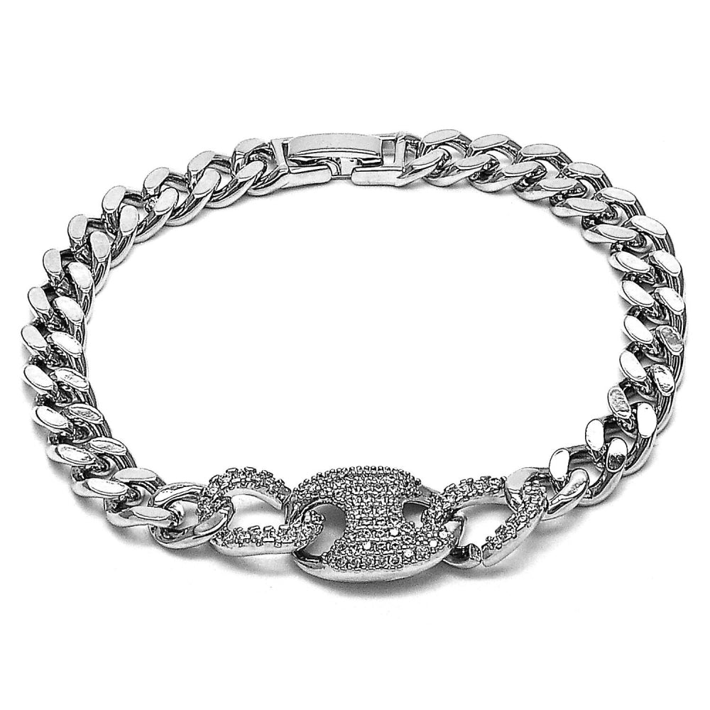Rhodium Gold Filled Fancy Bracelet, Puff Mariner and Miami Cuban Design, with White Cubic Zirconia, Polished, Rhodium Finish