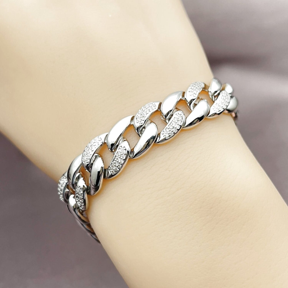 Rhodium Gold Filled Tennis Bracelet, Miami Cuban Design, with White Micro Pave, Polished, Rhodium Finish