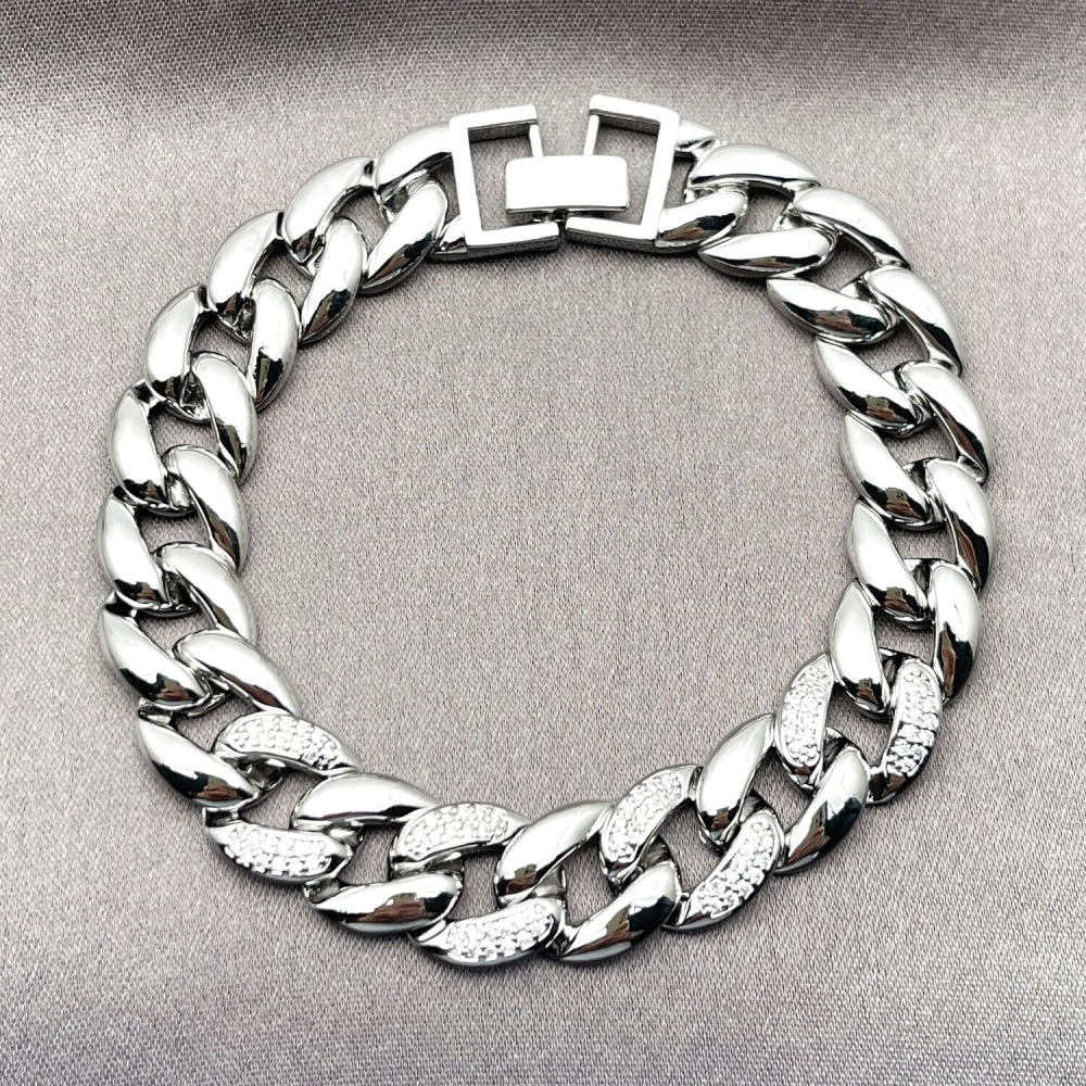 Rhodium Gold Filled Tennis Bracelet, Miami Cuban Design, with White Micro Pave, Polished, Rhodium Finish