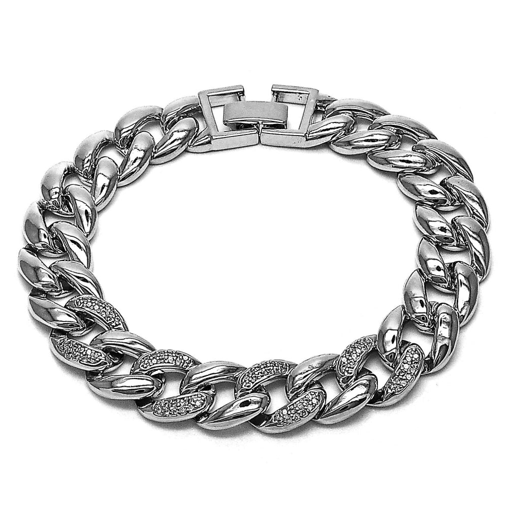 Rhodium Gold Filled Tennis Bracelet, Miami Cuban Design, with White Micro Pave, Polished, Rhodium Finish