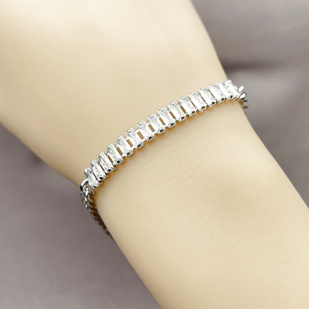 Rhodium Gold Filled Fancy Bracelet, Baguette and Miami Cuban Design, with White Cubic Zirconia, Polished, Rhodium Finish