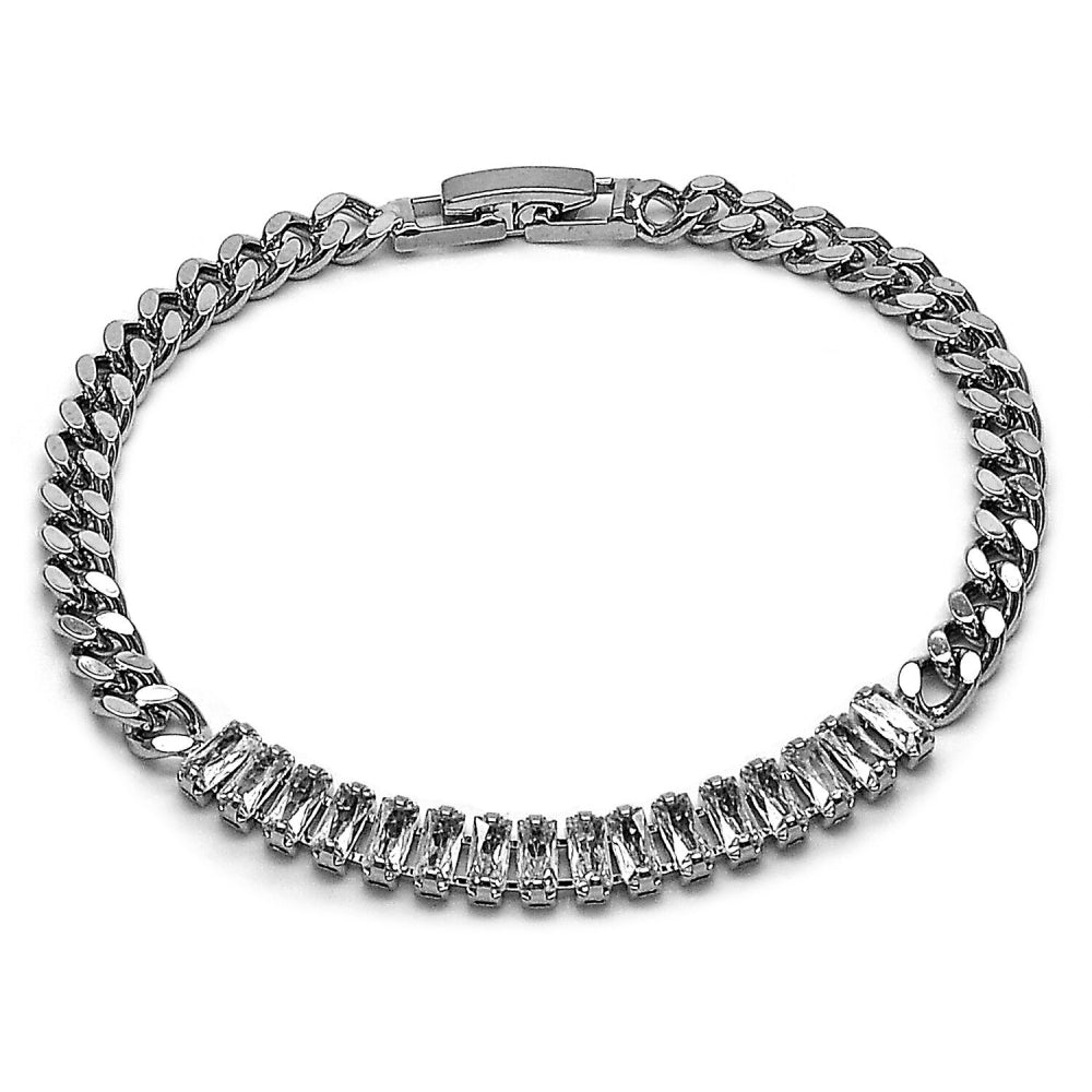 Rhodium Gold Filled Fancy Bracelet, Baguette and Miami Cuban Design, with White Cubic Zirconia, Polished, Rhodium Finish