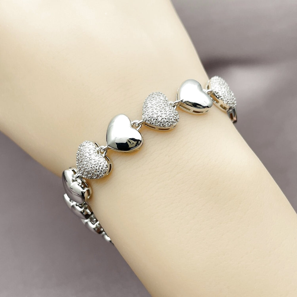 Rhodium Gold Filled Tennis Bracelet, Heart Design, with White Micro Pave, Polished, Rhodium Finish