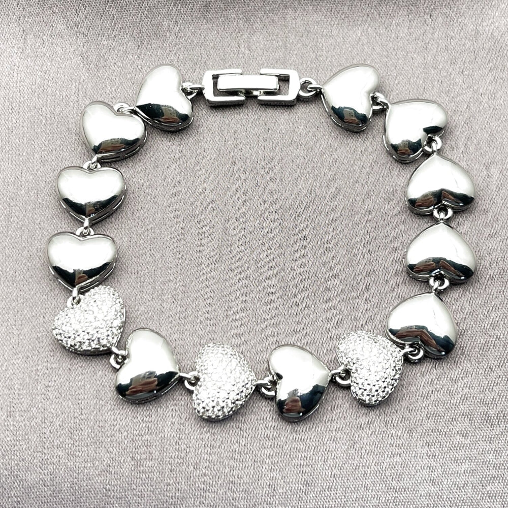Rhodium Gold Filled Tennis Bracelet, Heart Design, with White Micro Pave, Polished, Rhodium Finish
