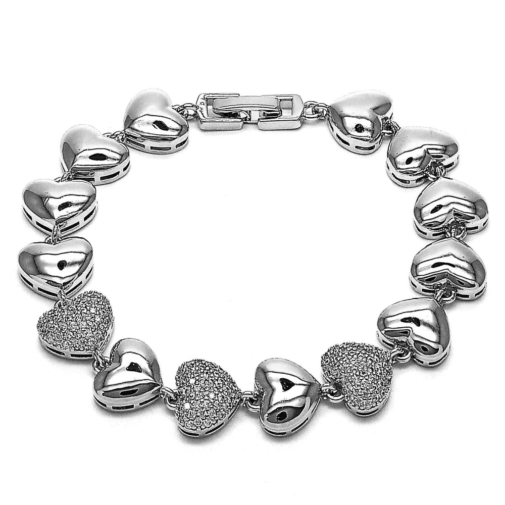 Rhodium Gold Filled Tennis Bracelet, Heart Design, with White Micro Pave, Polished, Rhodium Finish