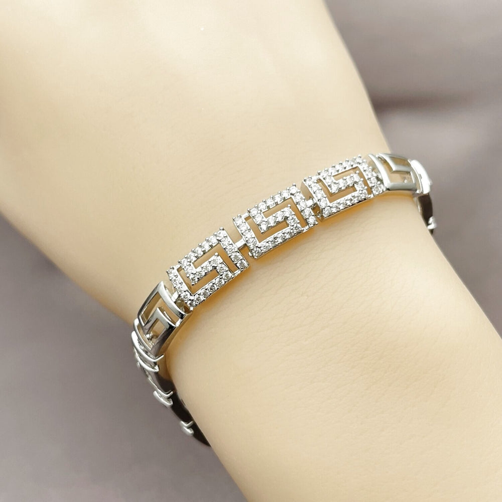 Rhodium Gold Filled Fancy Bracelet, Greek Key Design, with White Micro Pave, Polished, Rhodium Finish