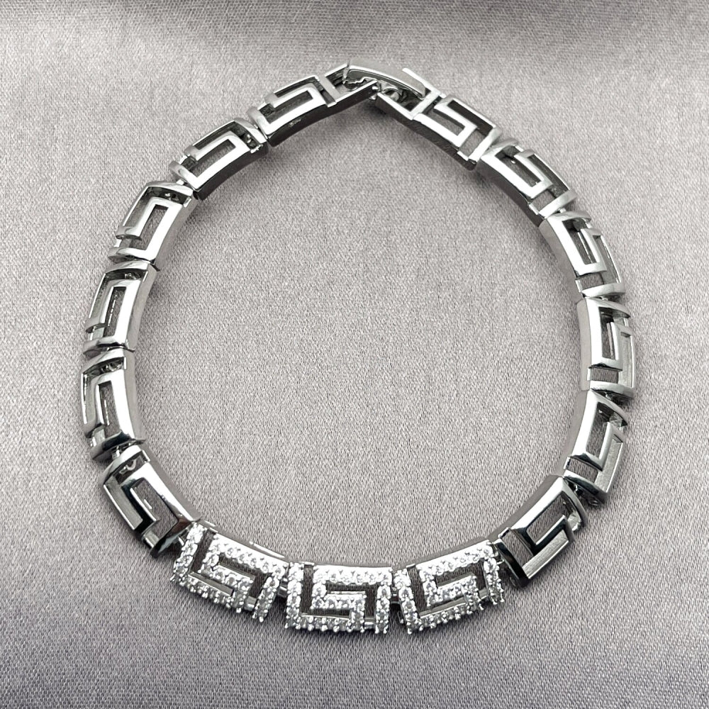 Rhodium Gold Filled Fancy Bracelet, Greek Key Design, with White Micro Pave, Polished, Rhodium Finish