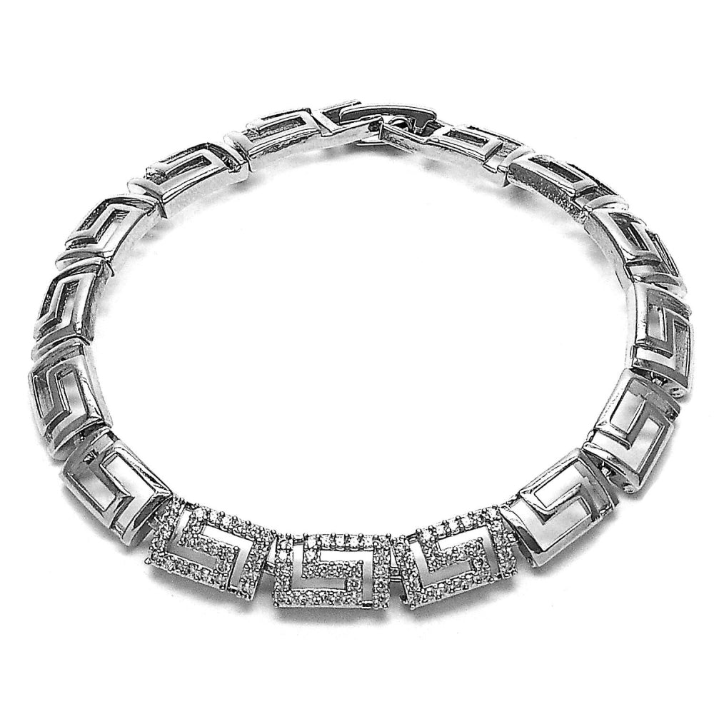 Rhodium Gold Filled Fancy Bracelet, Greek Key Design, with White Micro Pave, Polished, Rhodium Finish