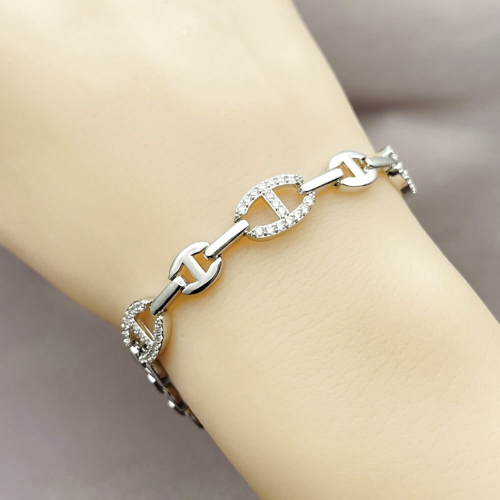 Rhodium Gold Filled Fancy Bracelet, Puff Mariner Design, with White Cubic Zirconia, Polished, Rhodium Finish