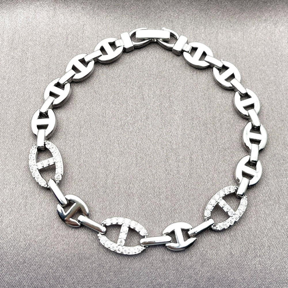 Rhodium Gold Filled Fancy Bracelet, Puff Mariner Design, with White Cubic Zirconia, Polished, Rhodium Finish