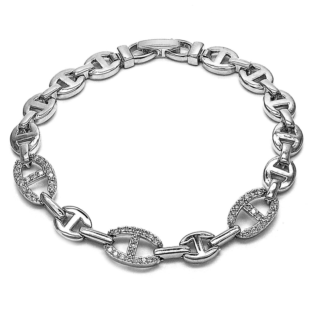 Rhodium Gold Filled Fancy Bracelet, Puff Mariner Design, with White Cubic Zirconia, Polished, Rhodium Finish