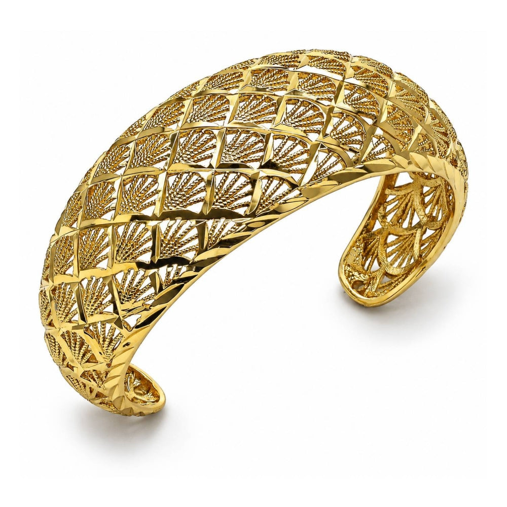 Oro Laminado Individual Bangle, Gold Filled Style Shell Design, Diamond Cutting Finish, Golden Finish