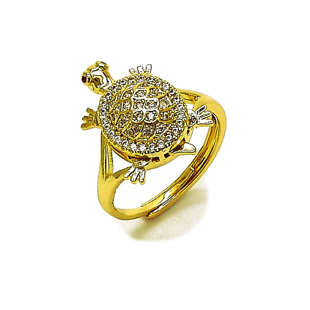Oro Laminado Multi Stone Ring, Gold Filled Style Turtle Design, with White and Ruby Micro Pave, Polished, Golden Finish