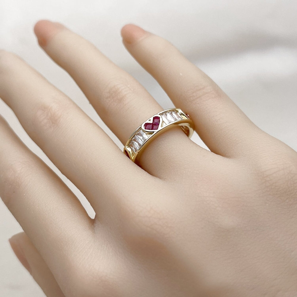 Oro Laminado Multi Stone Ring, Gold Filled Style Heart and Baguette Design, with Ruby and White Cubic Zirconia, Polished, Golden Finish