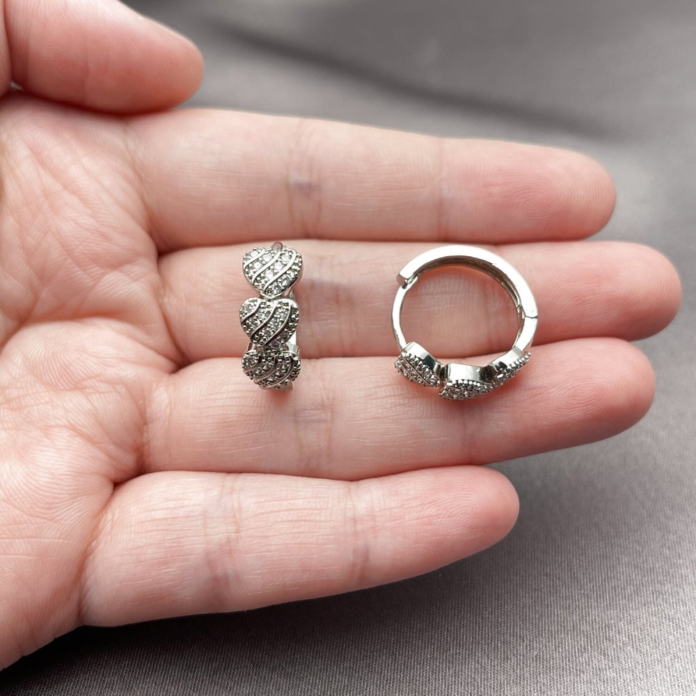 White Gold Filled Huggie Hoop, Heart Design, with White Micro Pave, Polished, Rhodium Finish