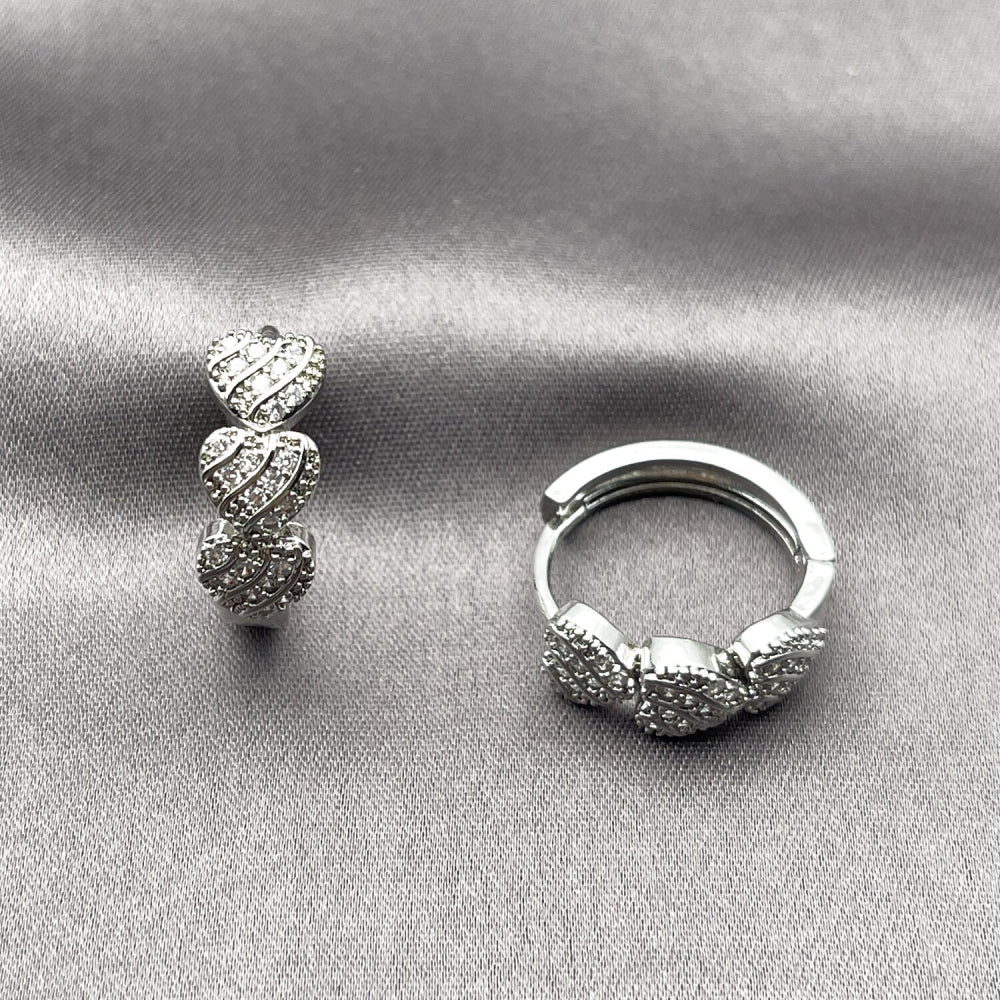 White Gold Filled Huggie Hoop, Heart Design, with White Micro Pave, Polished, Rhodium Finish