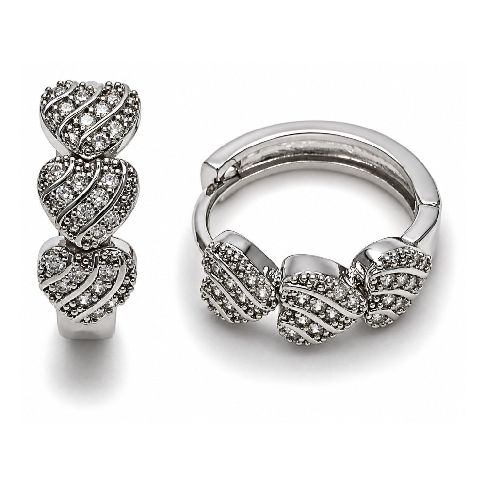 White Gold Filled Huggie Hoop, Heart Design, with White Micro Pave, Polished, Rhodium Finish